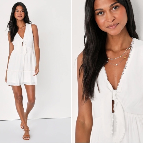 LULU's Bachelorette Engagement Bridal Shower Honeymoon Flowy Tie Front Mini Dres - Picture 1 of 5